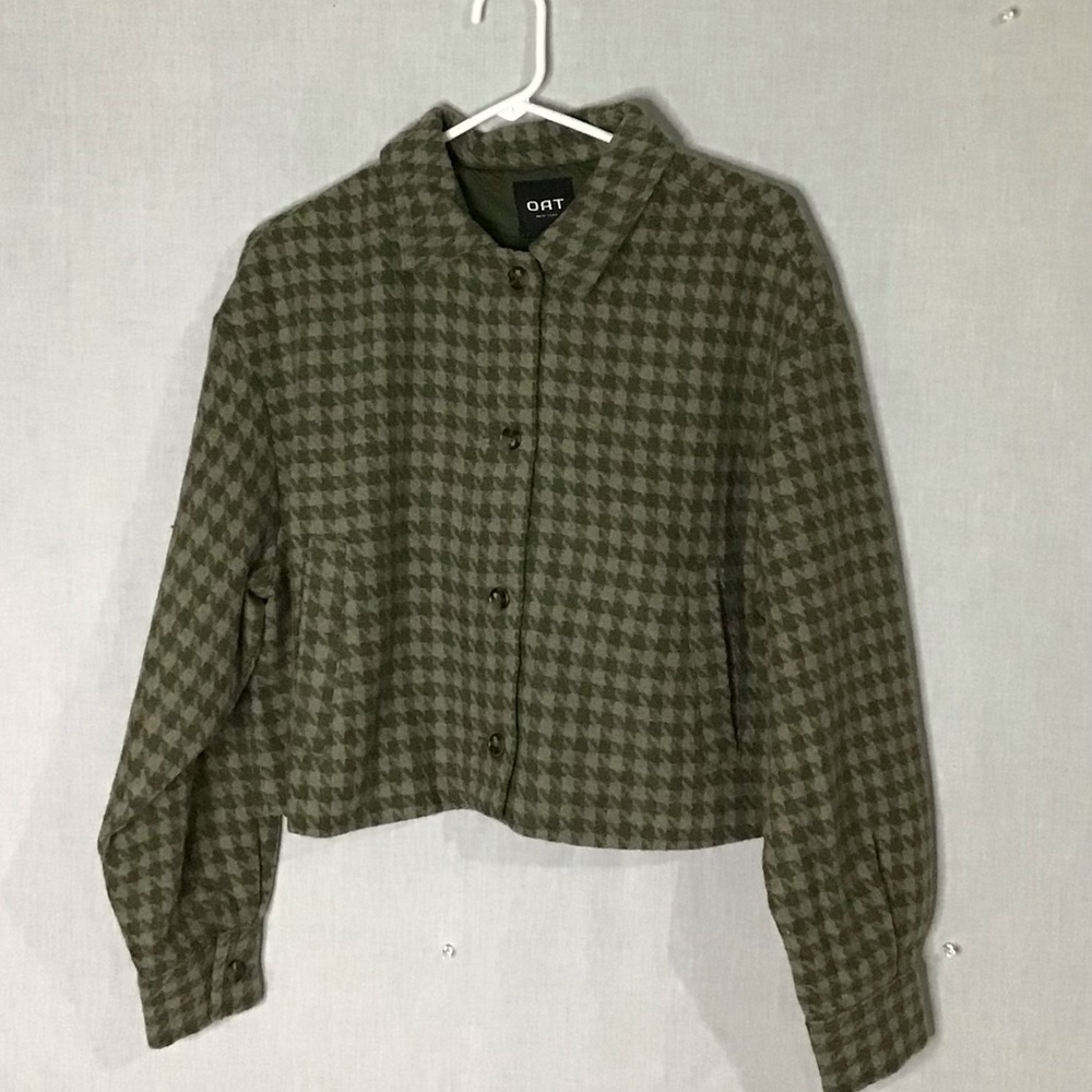 Oat New York Womens Green Plaid‎ Collared Button Up With Pockets Jacket Size XL